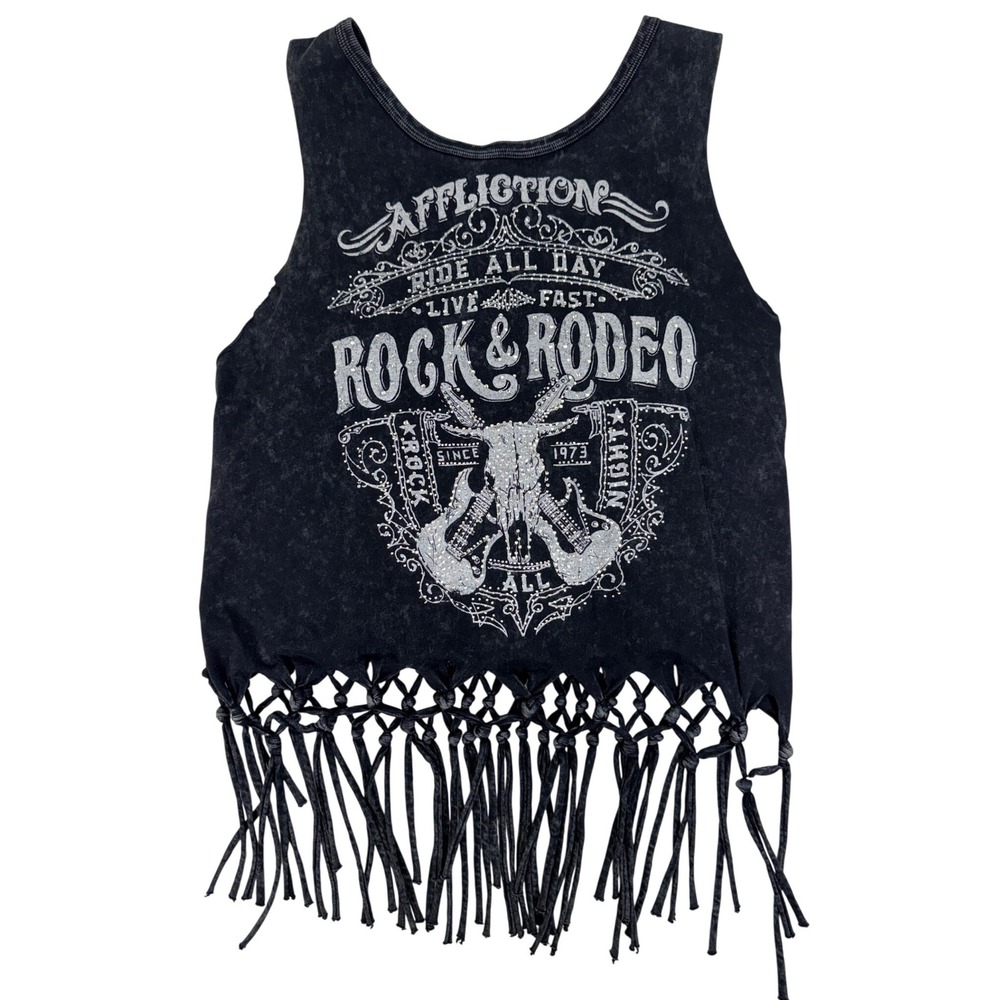 Affliction Rock & Rodeo Graphic Tank Top Fringe Macrame Black Rhinestone Large